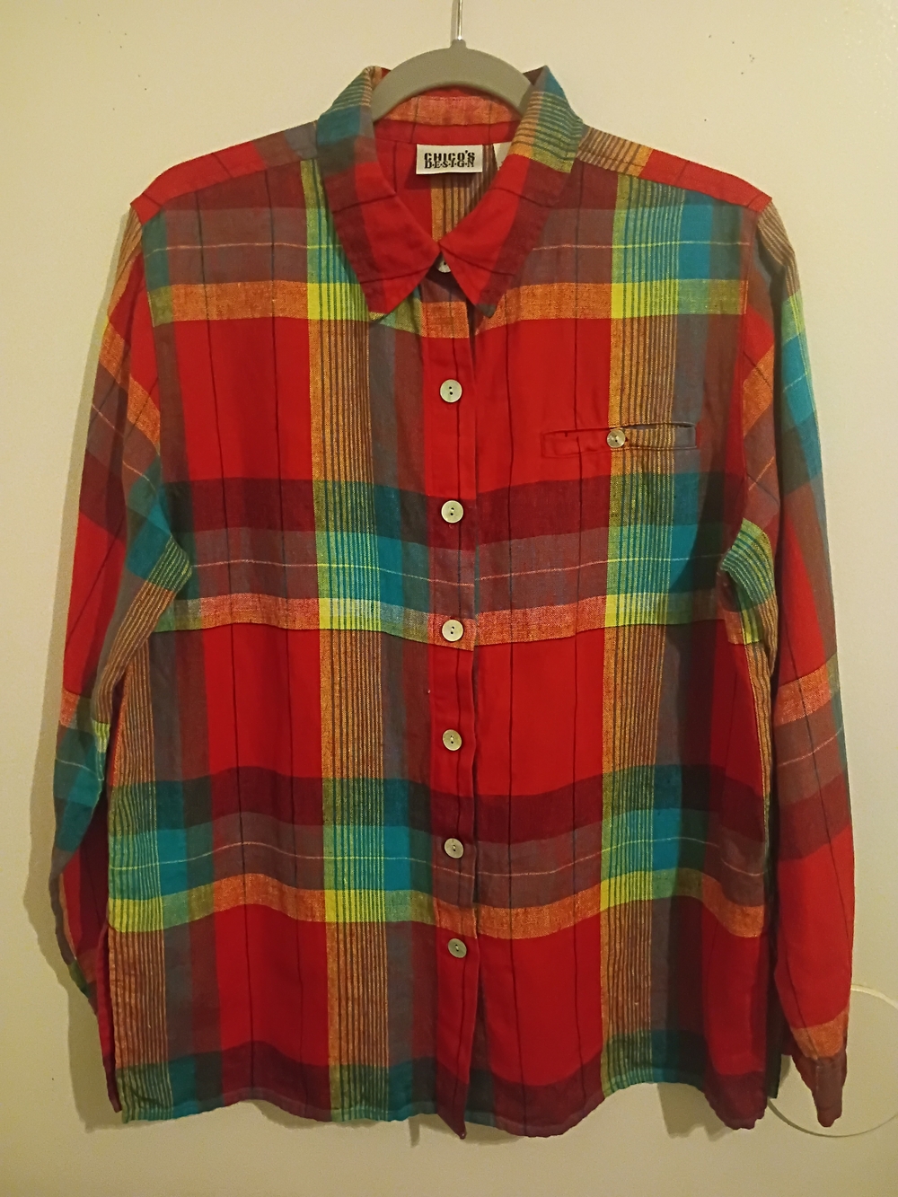 Chico's Red Plaid Button-up Shirt with Teal and Yellow Stripes Linen Sz 1 M